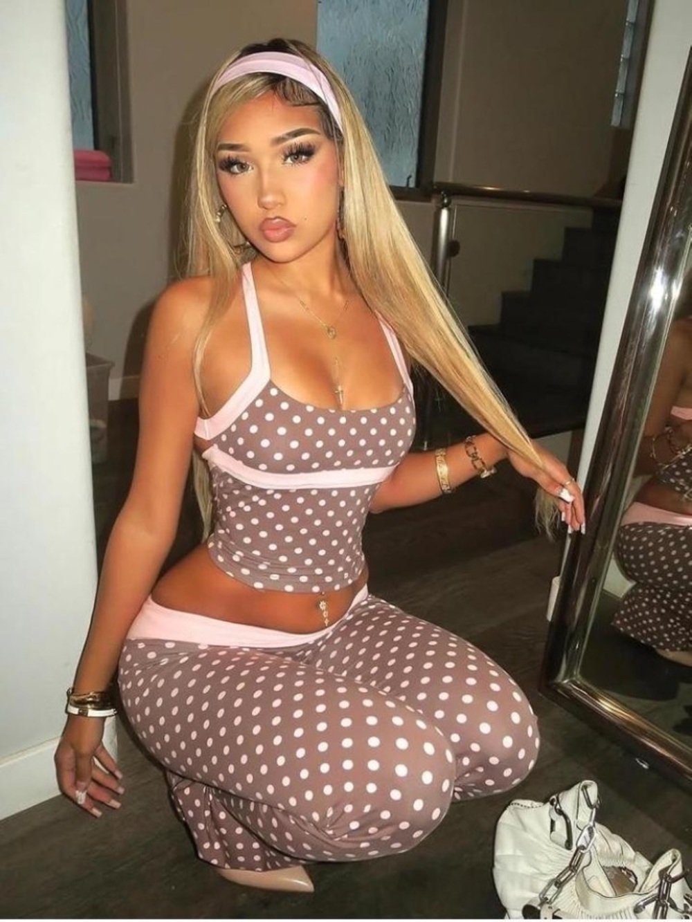 Polka Dot Two-Piece Tank & Pants Set in Taupe and Pink